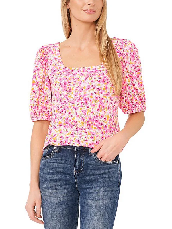 Womens Square Neck Puff Sleeve Blouse Textured Cotton Blouse