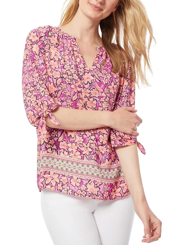 Womens Tie Sleeve Split Neck Blouse Floral Chiffon Blouse