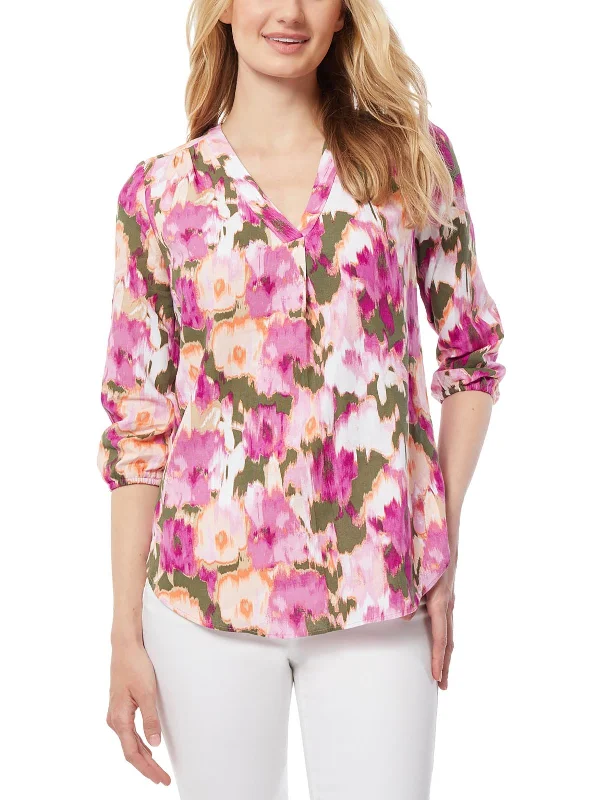 Womens V-Neck Printed Blouse Elegant Peplum Blouse