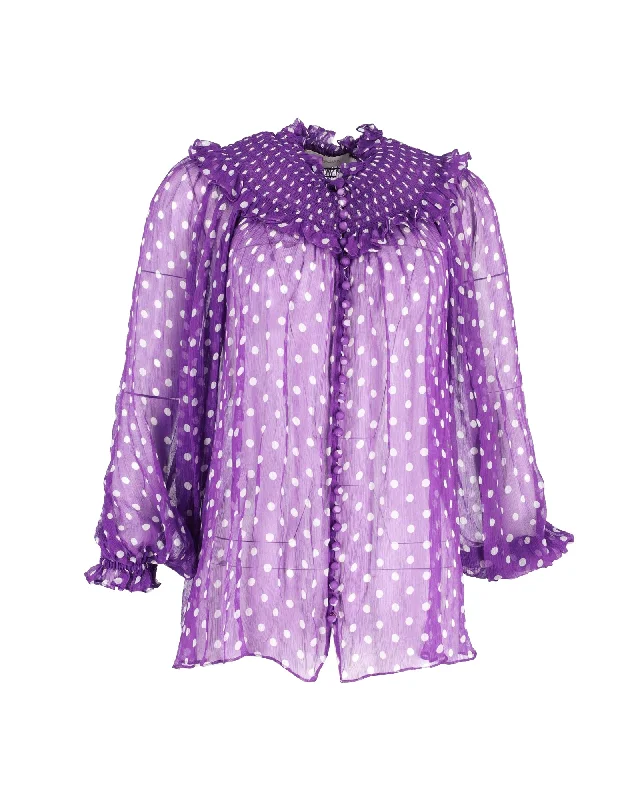 Zimmerman Shirred Polka Dot Blouse in Purple Silk Lightweight Floral Blouse