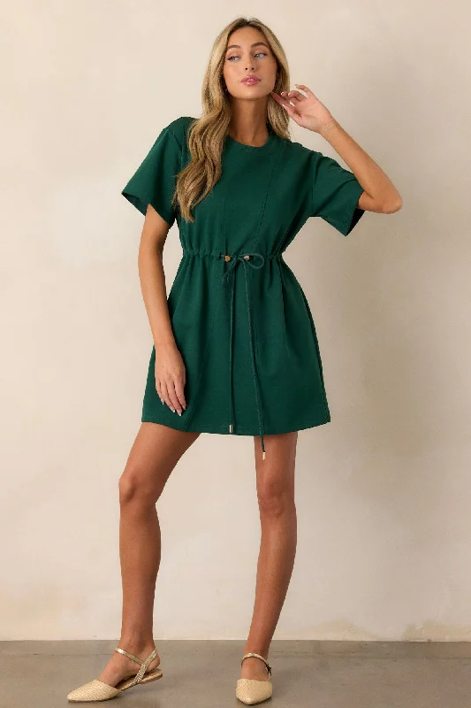For The Day Hunter Green Short Sleeve Mini T-Shirt Dress Ribbed Striped Patterned