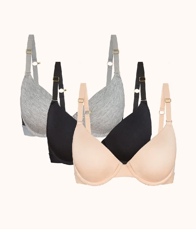 The All-Day T-Shirt Bra Trio: Heather Gray/Jet Black/Toasted Almond Sequined Glittery Shiny The All-Day T-Shirt Bra Trio: Heather Gray/Jet Black/Toasted Almond Sequined Glittery Shiny