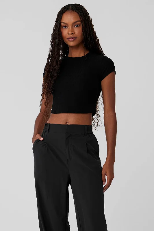 Ribbed Sea Coast Cropped Short Sleeve Tee - Black Chenille Blend Fleece Blend Nylon Blend
