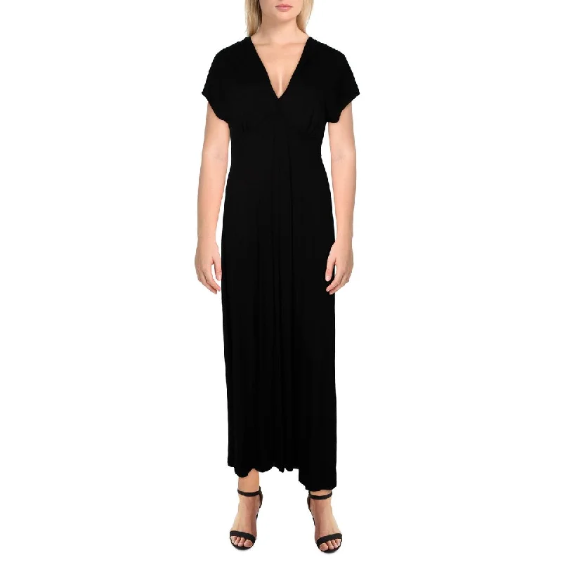 24seven Comfort Apparel Womens   V Neck Long Maxi Dress Elegant Pleated Maxi Dress