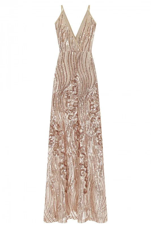 Amor Rose Gold Sheer Shimmer Floral Sequin Slit Maxi Dress Classic A-Line Maxi Dress Amor Rose Gold Sheer Shimmer Floral Sequin Slit Maxi Dress Classic A-Line Maxi Dress