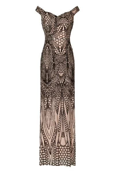 Ariella Nude Premium Illusion Sequin Bardot Mermaid Maxi Dress Trendy Button Front Maxi Dress
