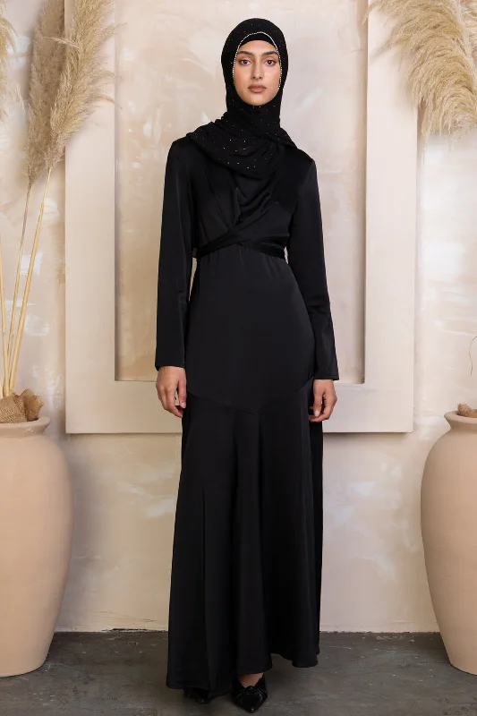Black Criss Cross Satin Maxi Dress Stylish One-Shoulder Maxi Dress