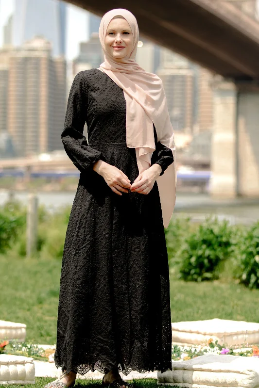 Black Eyelet Long Sleeve Maxi Dress Comfortable Ruffle Maxi Dress