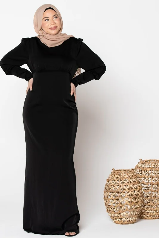 Black Satin Long Sleeve Maxi Dress Trendy Maxi Dress with Lace