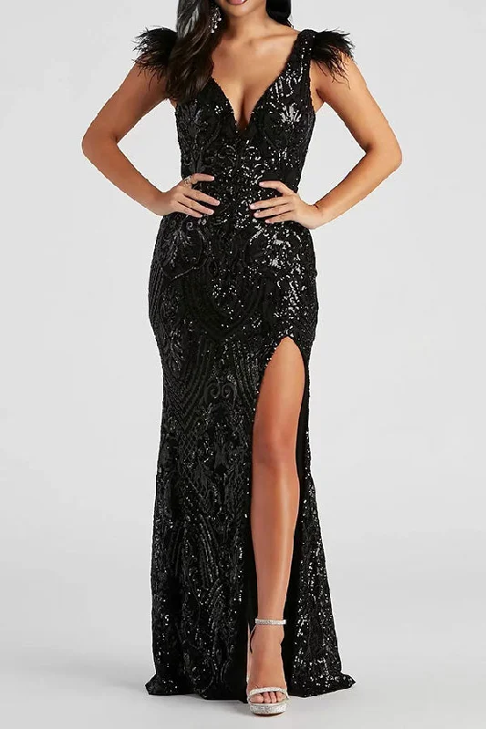 Black Sequined Feather Trim Glamorous High Split Maxi Dress Trendy V-Neck Maxi Dress Black Sequined Feather Trim Glamorous High Split Maxi Dress Trendy V-Neck Maxi Dress