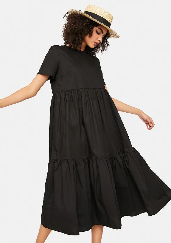 Black Short Sleeve Tiered Maxi Dress Stylish Boho Maxi Dress