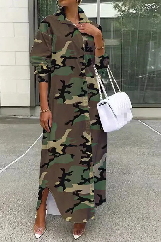 Camouflage Classic Single Breasted Maxi Dress Comfortable Maxi Dress with Belt