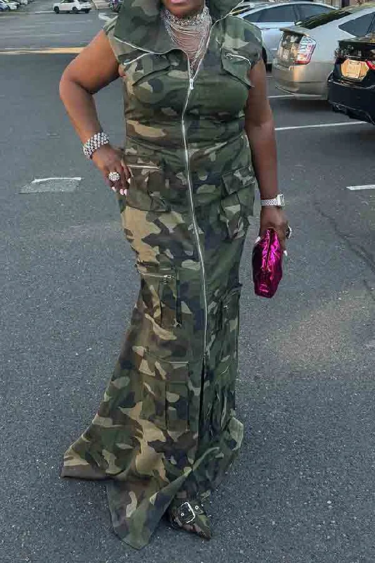 Camouflage On-trend Multi Pocket Zipper Maxi Dress Trendy Maxi Dress with Bow