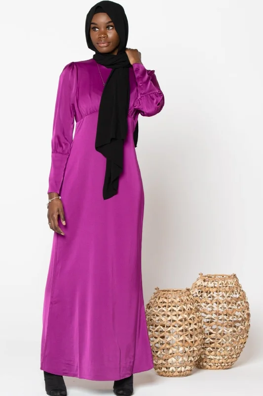 Fuschia Satin Long Sleeve Maxi Dress Comfortable Maxi Dress with Belt