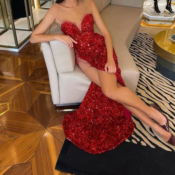 Darcy Mesh Insert Sequin Side Slit Maxi Dress Trendy Maxi Dress with Bow
