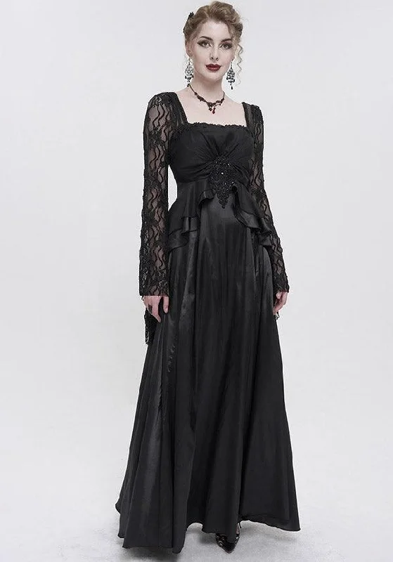 Devil Fashion Gothic Victorian Lace Sleeve Maxi Dress - Black with Empire Waist and Beaded Detail Trendy Maxi Dress with Lace Devil Fashion Gothic Victorian Lace Sleeve Maxi Dress - Black with Empire Waist and Beaded Detail Trendy Maxi Dress with Lace