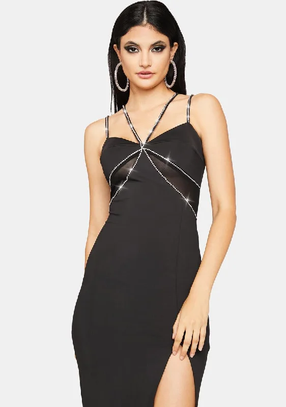 Diamante Detail Mesh Panel Maxi Dress Comfortable Maxi Dress with Slits