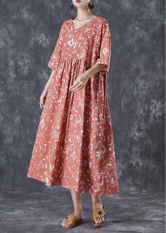 DIY Brick Red V Neck Print Linen Maxi Dress Summer Fashionable Halter Neck Maxi Dress