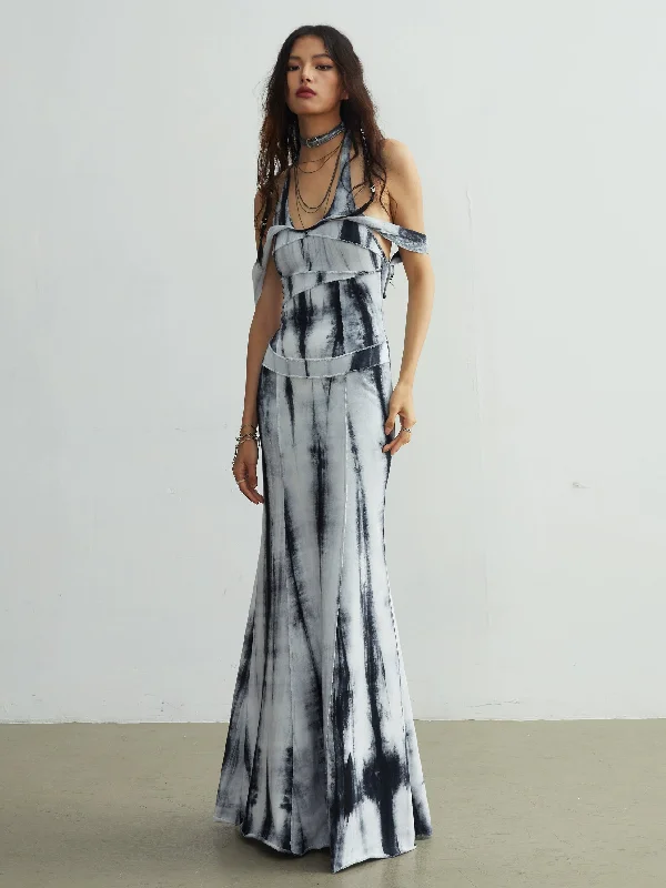 Elegant Tie-Dye Maxi Dress With Slim Straps Comfortable Fitted Maxi Dress