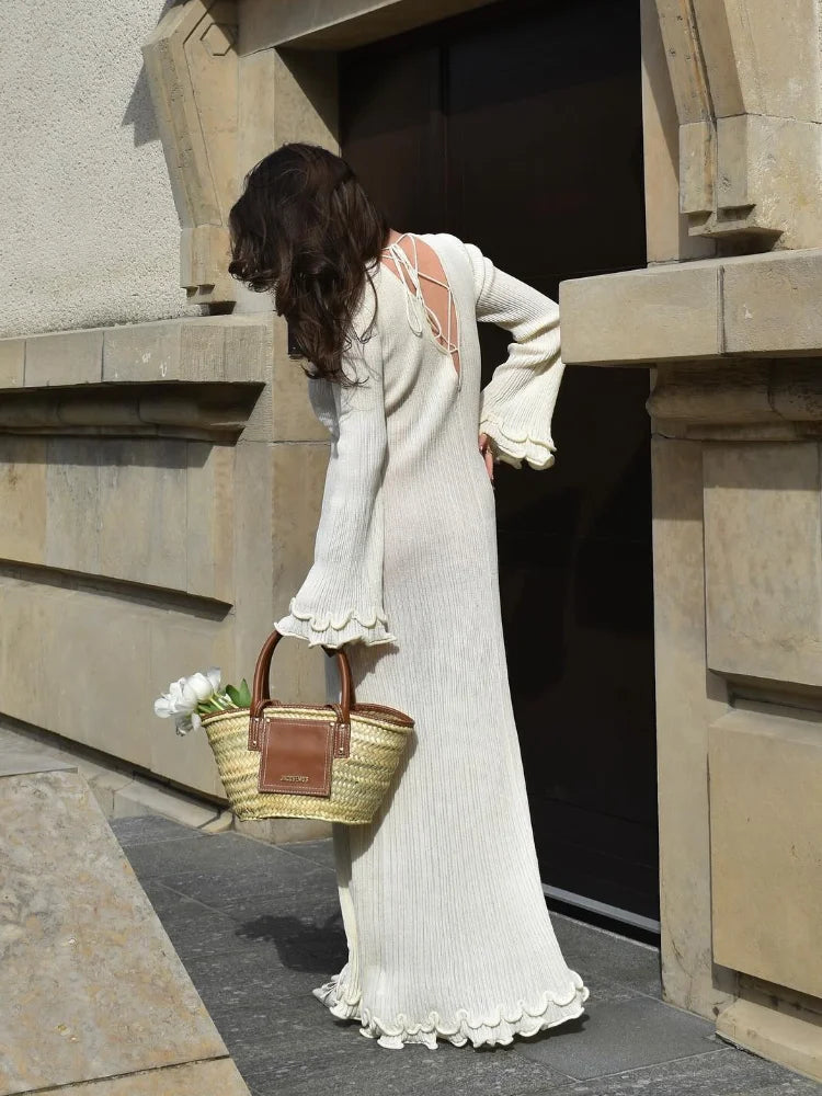Fashion Solid Ruffles Pleated Loose Long Dress Women Elegant Round Neck Flare Long Sleeves Maxi Dresses Lady High Street Wear Cozy Maxi Dress with Slit Fashion Solid Ruffles Pleated Loose Long Dress Women Elegant Round Neck Flare Long Sleeves Maxi Dresses Lady High Street Wear Cozy Maxi Dress with Slit