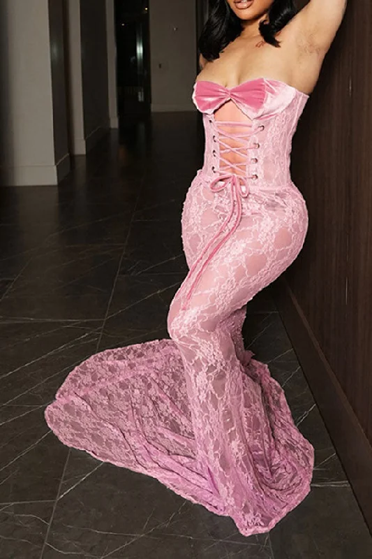 Floral Lace Strapless Strappy Flirty See-Through Trailing Maxi Dress Cozy Open-Back Maxi Dress
