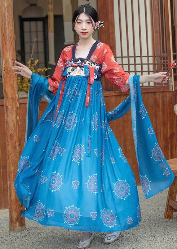 French Blue Embroideried Lace Up Wrinkled Patchwork Chiffon Maxi Dress Summer Trendy V-Neck Maxi Dress