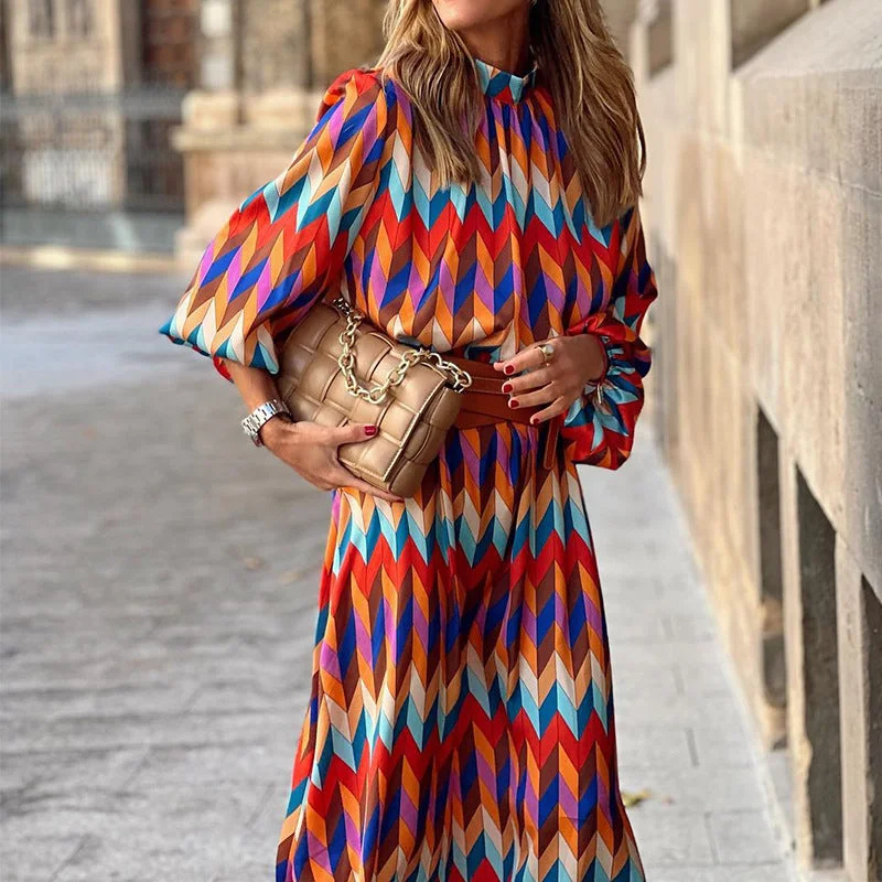 Geometric Printed Midi Maxi Dress Women Clothing Popular Spring New Fashion Comfortable Maxi Dress with Sleeves Geometric Printed Midi Maxi Dress Women Clothing Popular Spring New Fashion Comfortable Maxi Dress with Sleeves