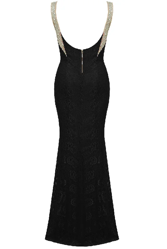Gigi Black Rainbow High Neck Tie Side Shimmer Sparkle Maxi Dress Comfortable Cotton Maxi Dress