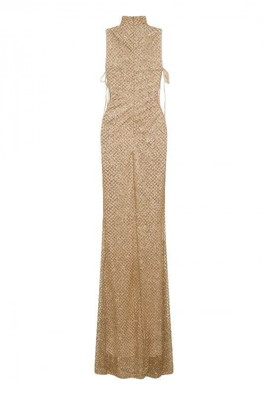 Gigi Gold & Nude High Neck Tie Side Shimmer Sparkle Maxi Dress Stylish Off-Shoulder Maxi Dress