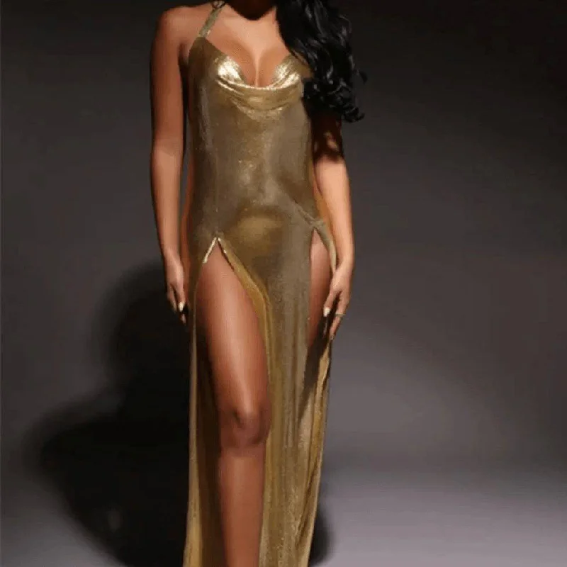 Grace Strappy Sleeveless Chain Metallic Slit Maxi Dress Comfortable Flowy Maxi Dress Grace Strappy Sleeveless Chain Metallic Slit Maxi Dress Comfortable Flowy Maxi Dress