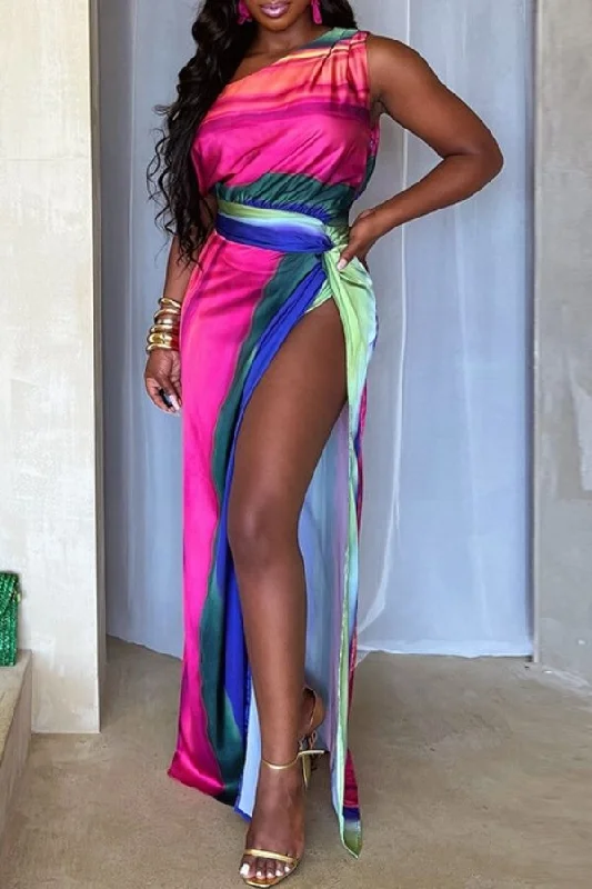 Gradient Colorful Slash Neck High Split Maxi Dress Stylish One-Shoulder Maxi Dress