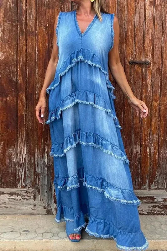 Gradient Frayed Denim Unusual Tiered Maxi Dress Trendy Printed Maxi Dress