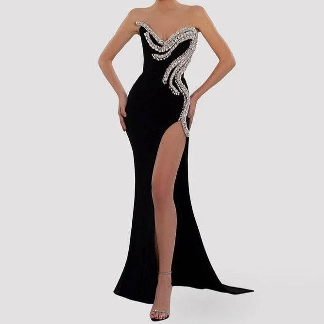 Harper Sweetheart Neck Silver Crystal Side Slit Maxi Dress Elegant Boho Maxi Dress