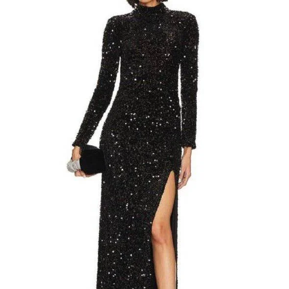 Hester Long Sleeve Side Slit Sequined Maxi Dress Trendy Maxi Dress with Lace