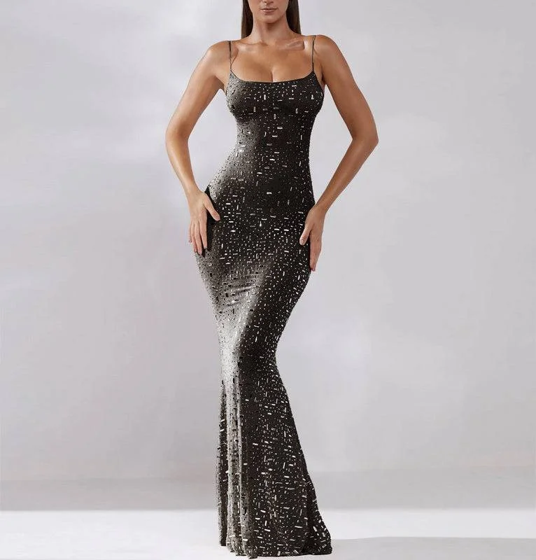Hilarie Spaghetti Strap Embellished Maxi Dress Elegant Maxi Dress with Slit