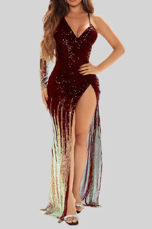Hit Color Sequined Striking Asymmetric High Split Maxi Dress Stylish V-Neck Maxi Dress Hit Color Sequined Striking Asymmetric High Split Maxi Dress Stylish V-Neck Maxi Dress