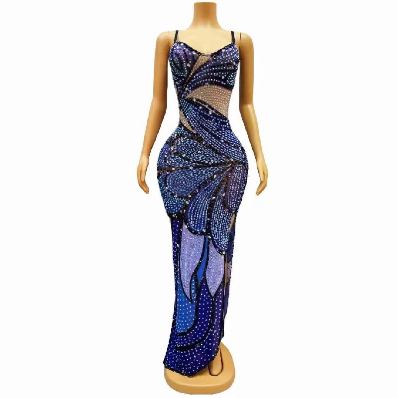 Hollee Rhinestone Embellished Split Maxi Dress Cozy Spaghetti Strap Maxi Dress
