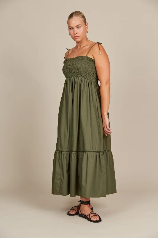 Isle of Mine - Remi Shirred Maxi Dress - Olive Cozy Cold-Shoulder Maxi Dress