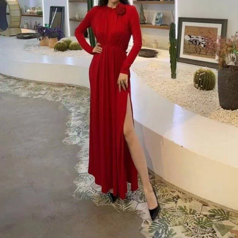 Joan Long Sleeve Floral Embellished Side Slit Maxi Dress Trendy Maxi Dress with Belt