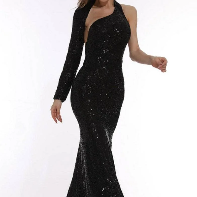 Katherine One Shoulder Sequins Maxi Dress Comfortable Ruffle Maxi Dress