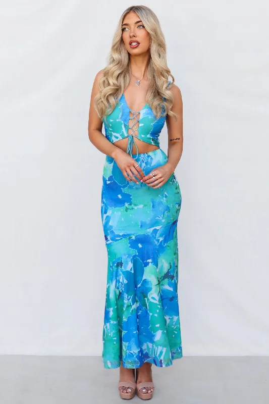 Kyala Maxi Dress - Blue Multi Comfortable Maxi Dress with Slits
