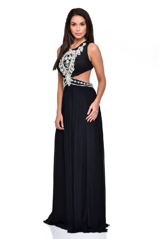 Laila Black Cut-Out Waist Pearl Encrusted Grecian Goddess Maxi Dress Stylish Pleated A-Line Maxi Dress