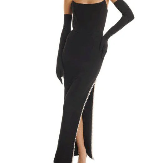 Lauraine Black Strapless Side Slit Maxi Dress with Gloves Fashionable Faux Wrap Maxi Dress