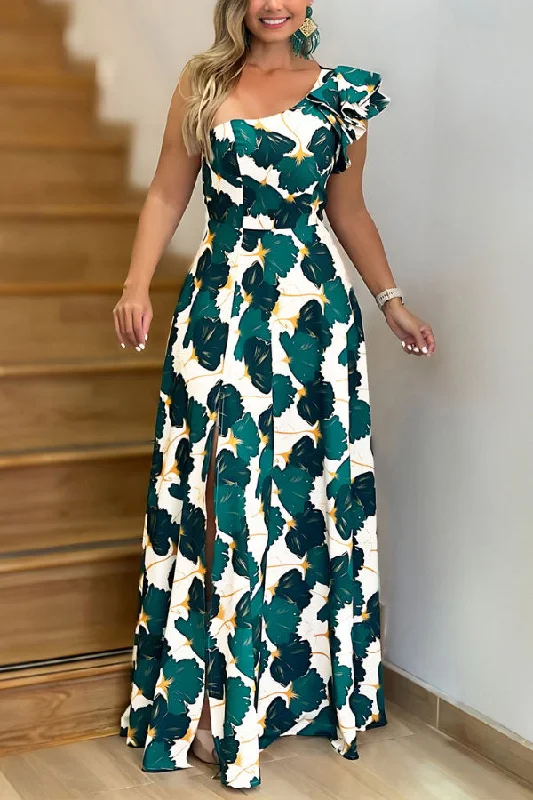 Leaf Print Pretty Ruffles One Shoulder High Split Maxi Dress Stylish Longline Maxi Dress Leaf Print Pretty Ruffles One Shoulder High Split Maxi Dress Stylish Longline Maxi Dress