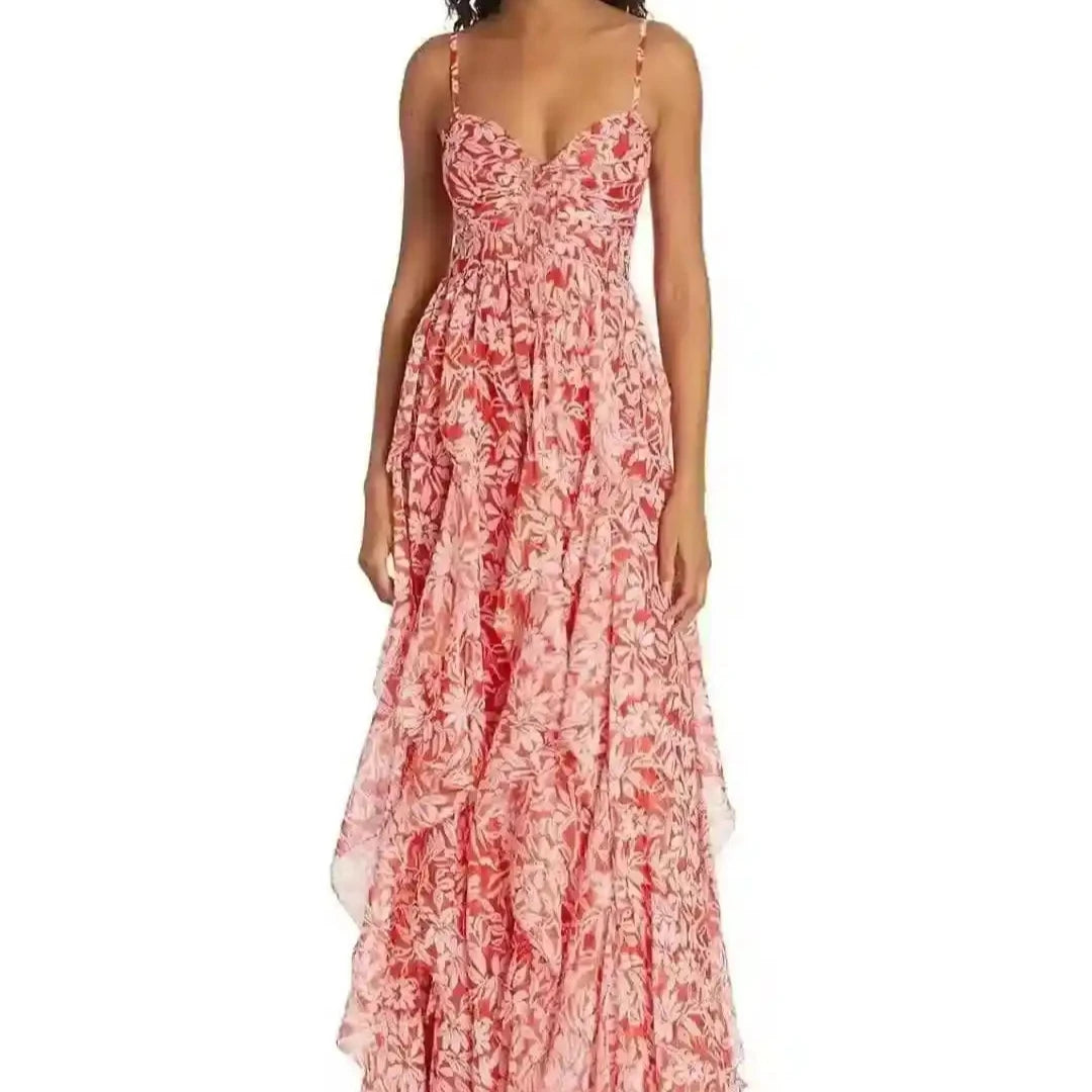 Letitia Sleeveless Cascading Ruffle Floral Maxi Dress Cozy Knit Maxi Dress