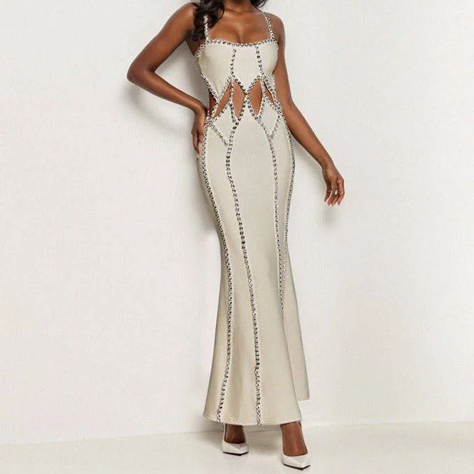 Martha Spaghetti Strap Cut Out Diamond Embellished Maxi Dress Trendy Satin Maxi Dress Martha Spaghetti Strap Cut Out Diamond Embellished Maxi Dress Trendy Satin Maxi Dress