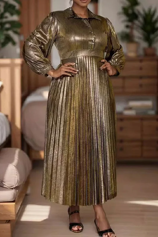 Metallic Bright Puff Sleeve Pleated Maxi Dress Elegant Maxi Dress with Drapes