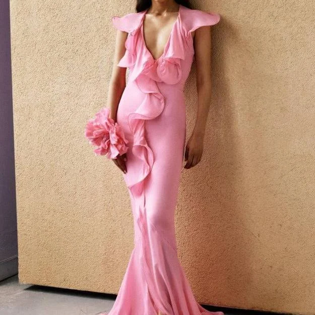 Nanette Deep V-Neck Ruffled Maxi Dress Elegant Boho Maxi Dress