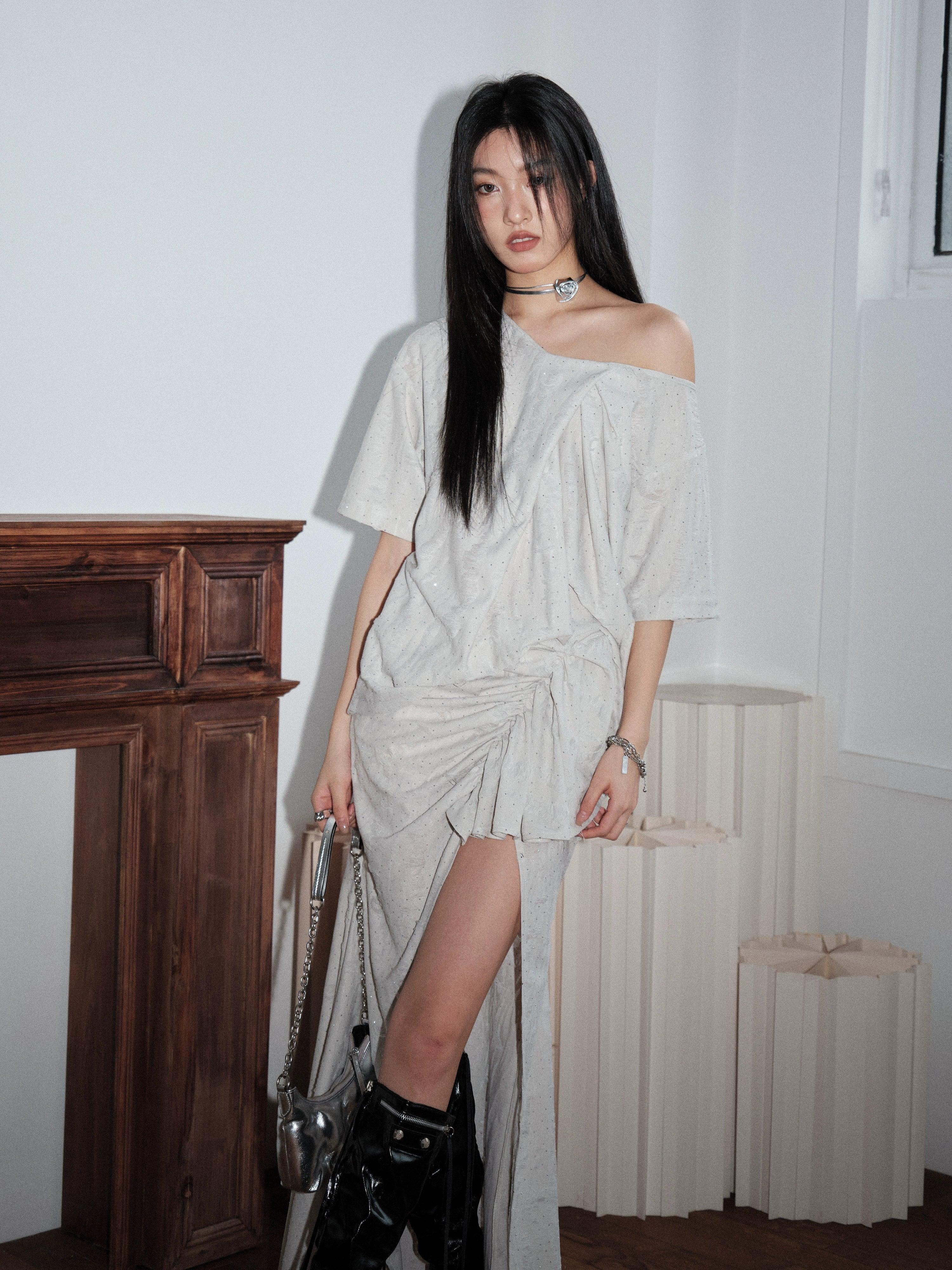 Off-Shoulder Asymmetric Draped Maxi Dress Comfortable Fit-and-Flare Maxi Dress