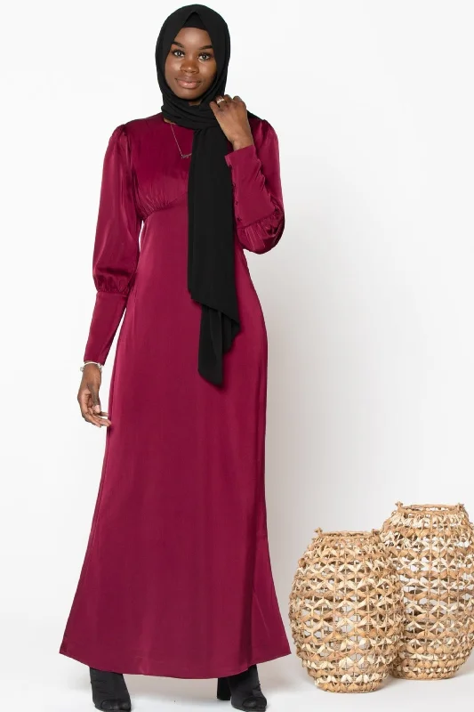 Maroon Satin Long Sleeve Maxi Dress Elegant Maxi Dress with Drapes